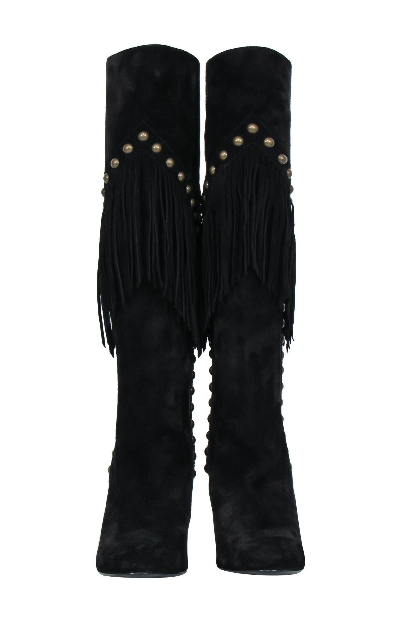 Saint Laurent - Black Suede Fringe Boots w/ Brass Studs Sz 6.5