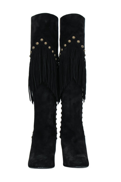 Saint Laurent - Black Suede Fringe Boots w/ Brass Studs Sz 6.5