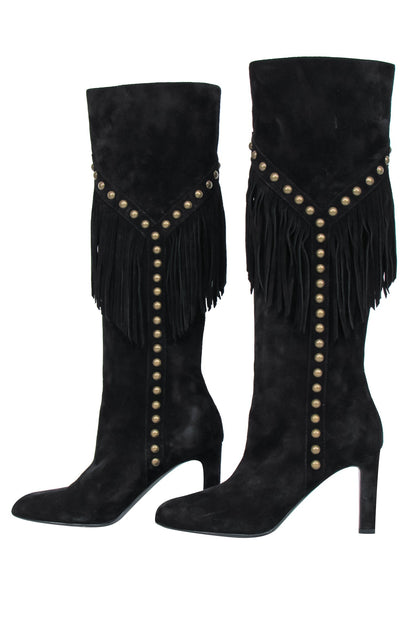 Saint Laurent - Black Suede Fringe Boots w/ Brass Studs Sz 6.5