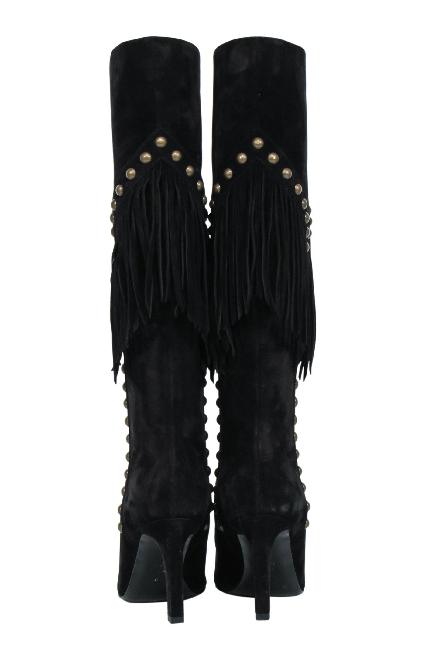 Saint Laurent - Black Suede Fringe Boots w/ Brass Studs Sz 6.5