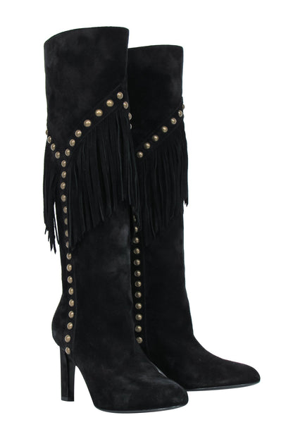Saint Laurent - Black Suede Fringe Boots w/ Brass Studs Sz 6.5