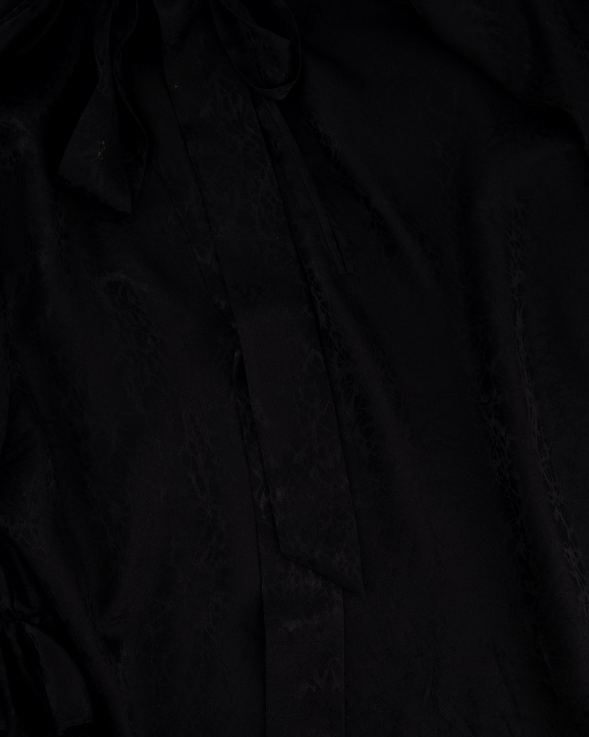 Saint Laurent Black Textured Silk Blouse with Neck Ruffle Detail, Sleeve Ruffle Detail, and Neck Tie Detail Size FR 38 (UK 10)