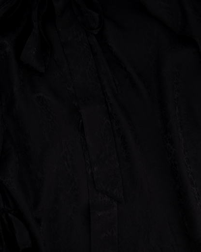 Saint Laurent Black Textured Silk Blouse with Neck Ruffle Detail, Sleeve Ruffle Detail, and Neck Tie Detail Size FR 38 (UK 10)