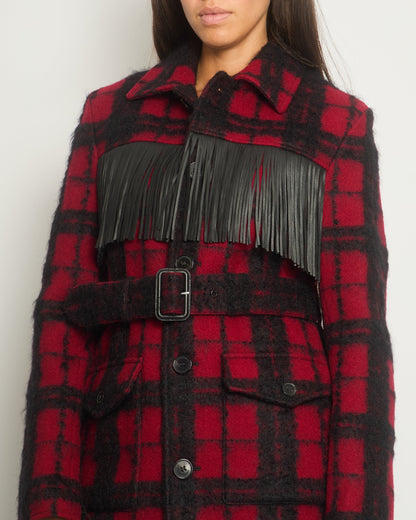Saint Laurent Red & Black Lumberjack Jacket with Leather Fringe and Belt Details Size FR 38 (UK 10)