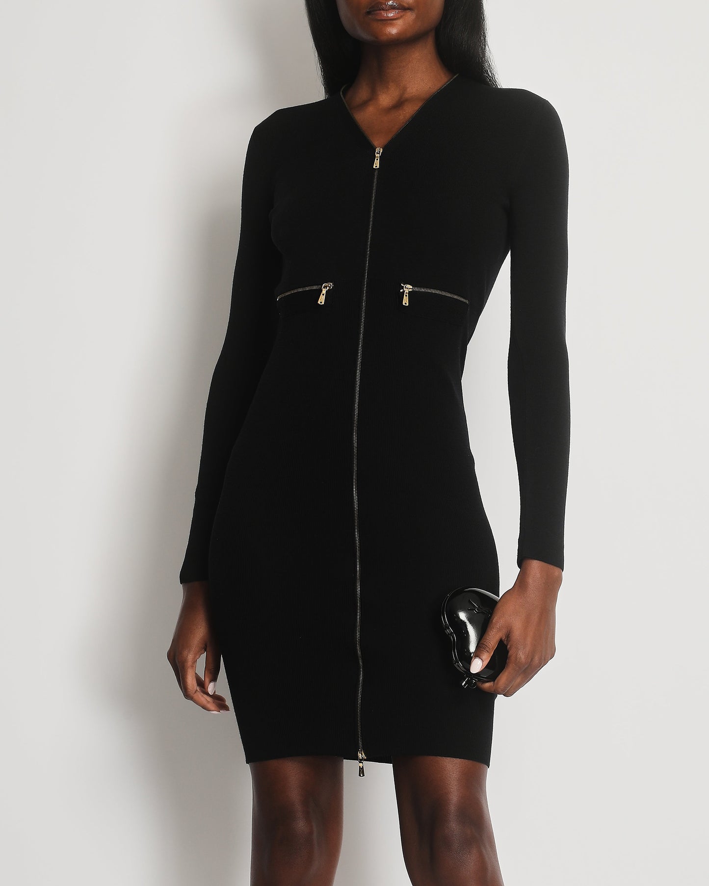 Saint Laurent Fall Winter 2008 Black Midi Knit Dress with Gold Logo Zip Details Size XS (UK 6)