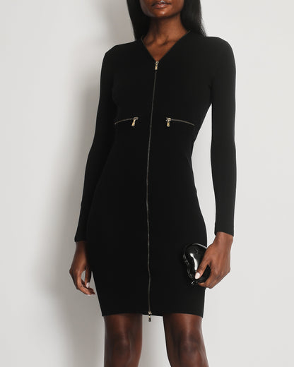 Saint Laurent Fall Winter 2008 Black Midi Knit Dress with Gold Logo Zip Details Size XS (UK 6)