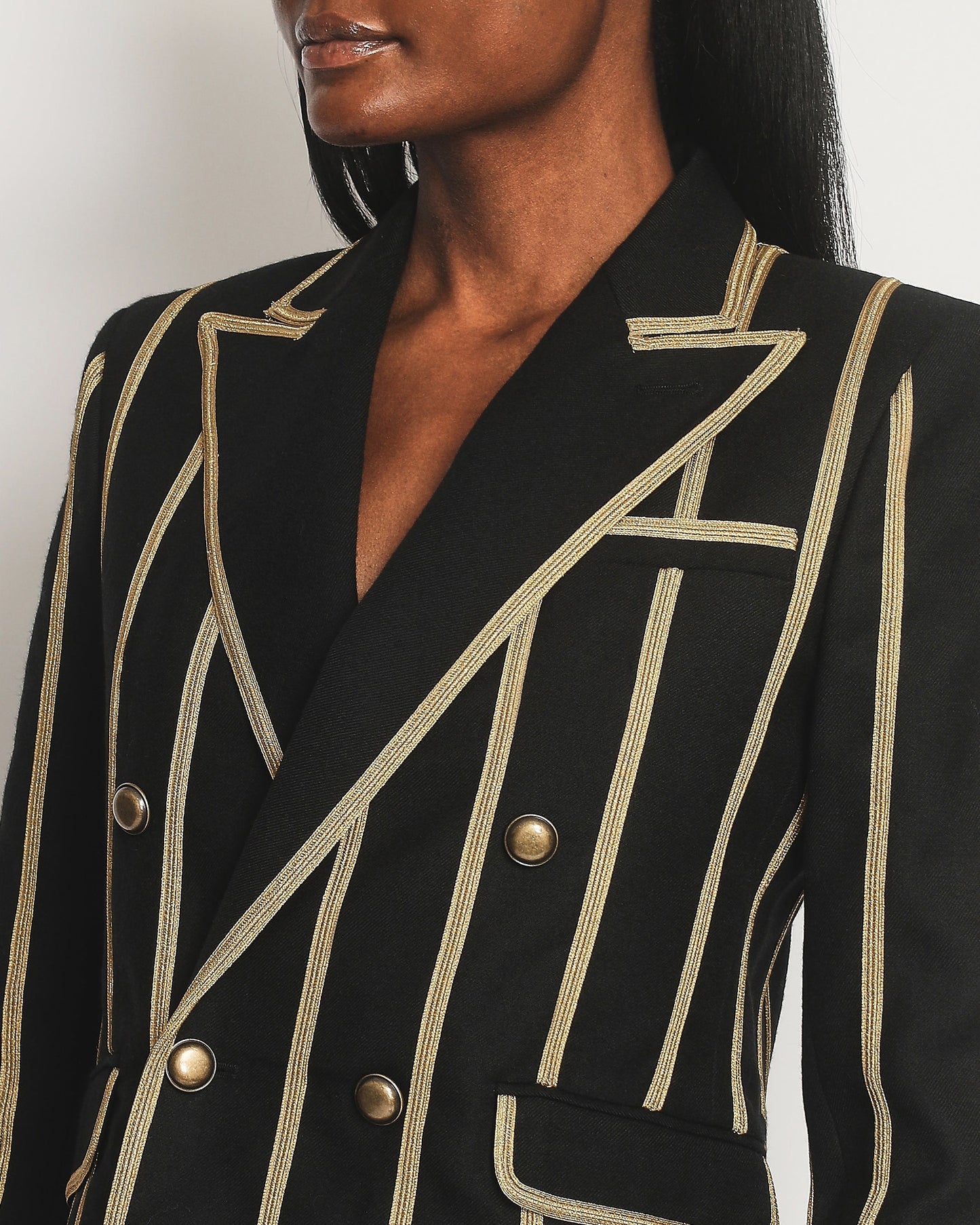 Saint Laurent Black Metallic Stripe Detail Blazer with Antique Gold Button Detail Size FR 38 (UK 10)