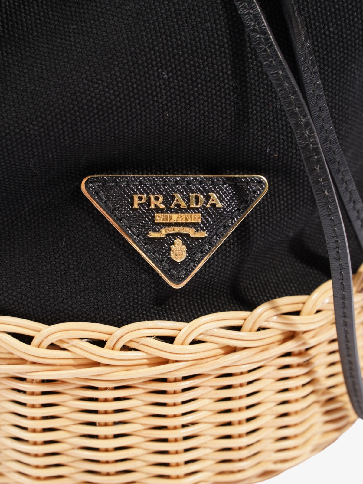 Prada Wicker Bucket Bag Black / Natural Canvas