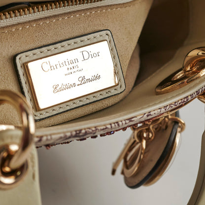 Christian Dior Mini Lady Dior Calfskin Limited Edition Embroidered Bag Ivory/Burgundy