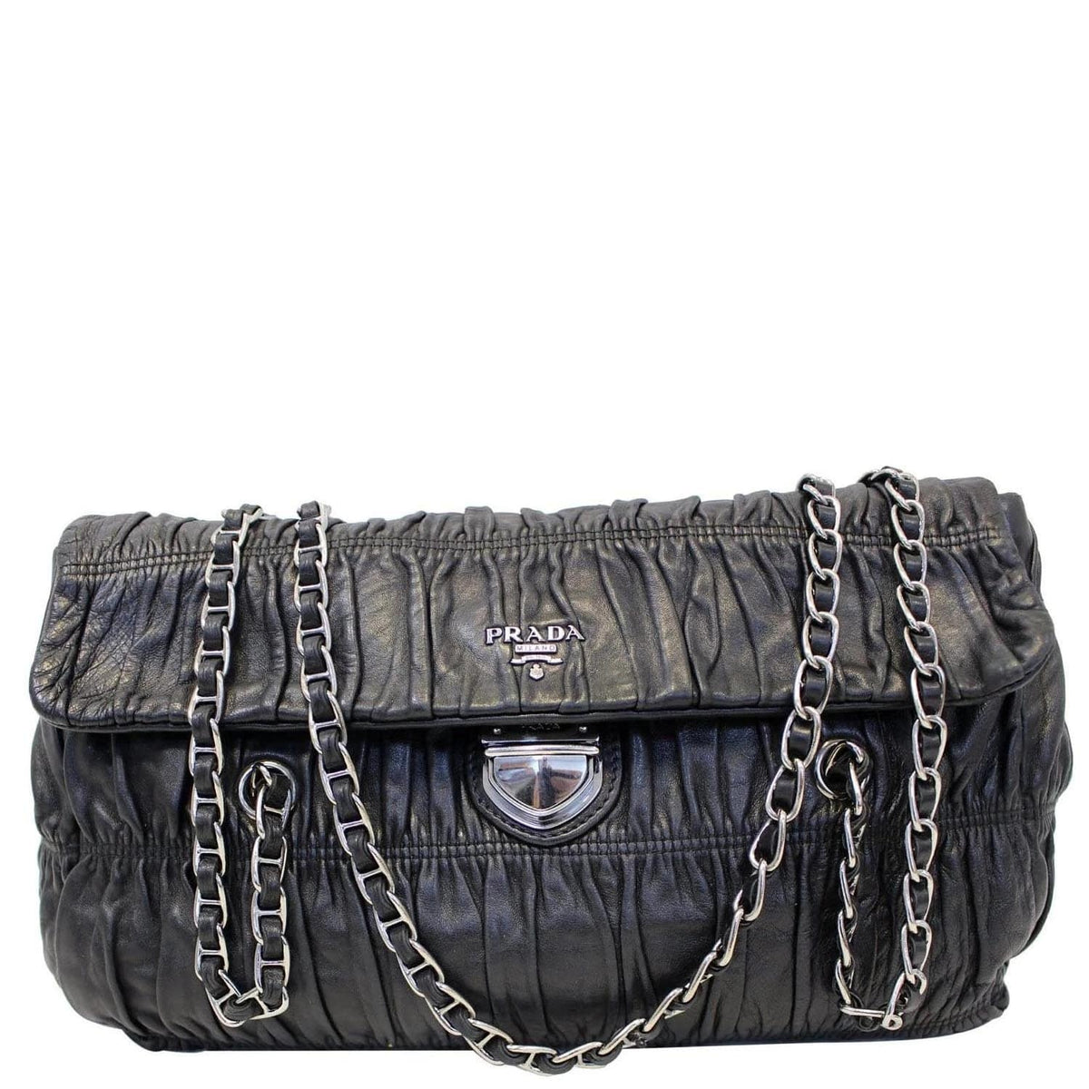 PRADA Black Nappa Leather Gaufre Ruched Flap Shoulder Bag