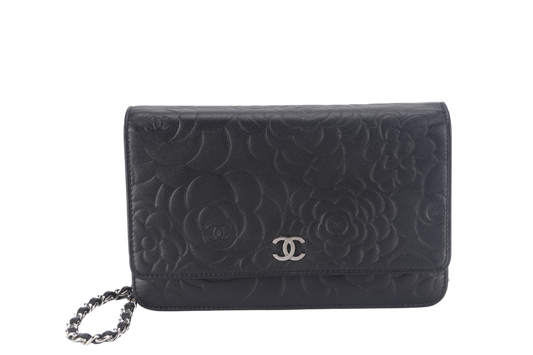 CHANEL CAMELLIA W.O.C (1609xxxx) BLACK EMBOSSED LAMBSKIN SILVER HARDWARE  WITH  AND BOX