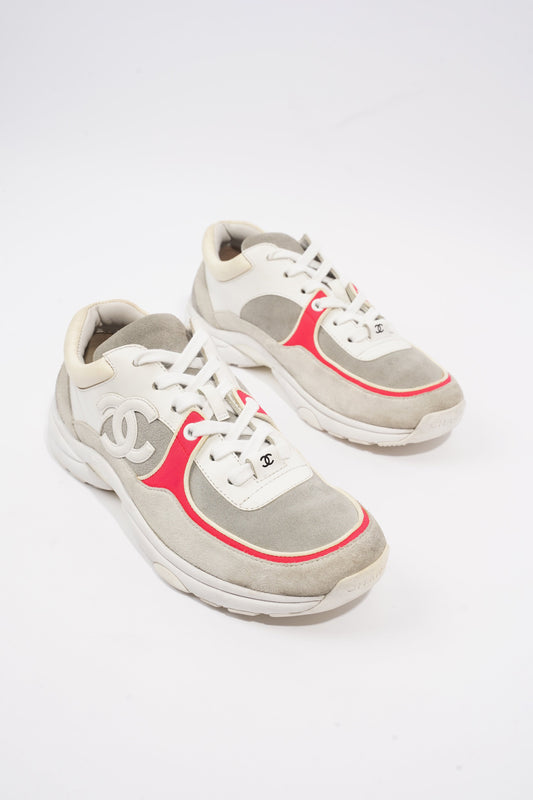 Chanel CC Logo Sneaker Grey   White   Red Suede EU 37.5 UK 4.5