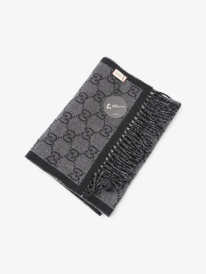 Gucci GG Jacquard Pattern Scarf with Tassels GG Supreme / Black / Grey Wool