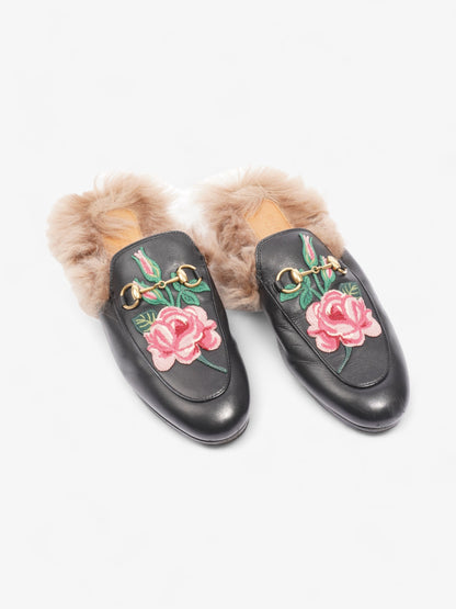 Gucci Princetown Rose Embroidered Horsebit Mules Black / Pink Leather EU 37 UK 4