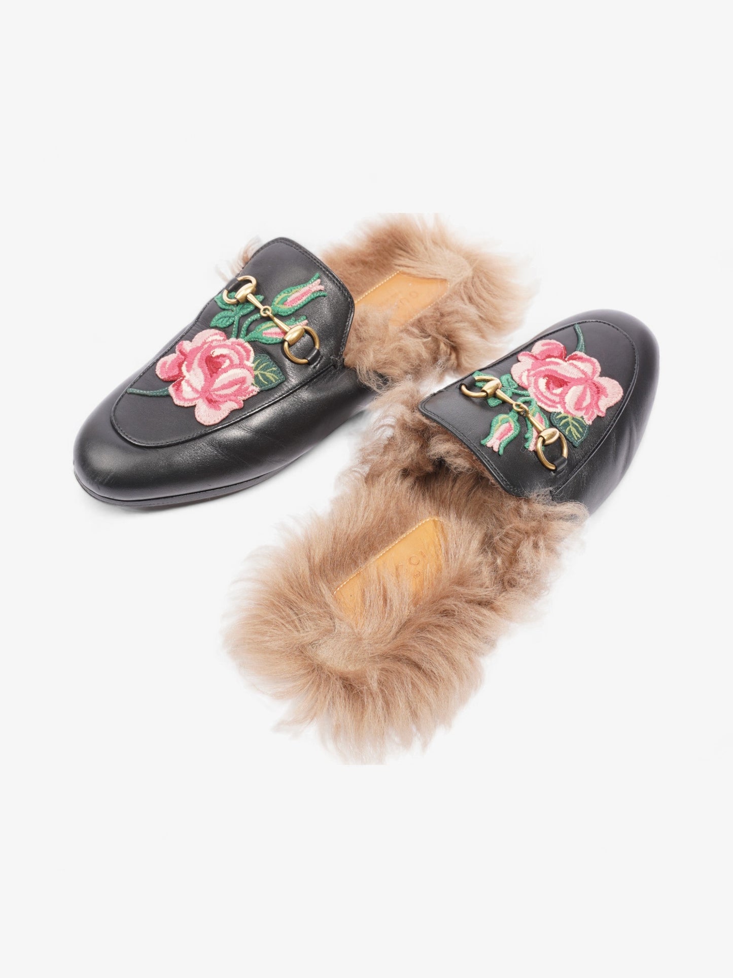 Gucci Princetown Rose Embroidered Horsebit Mules Black / Pink Leather EU 37 UK 4