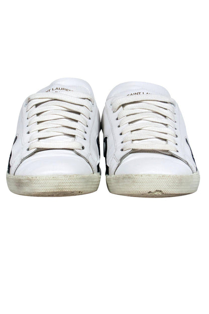 Yves Saint Laurent - White Low Top Sneakers w/ Glitter Patchwork Sz 8