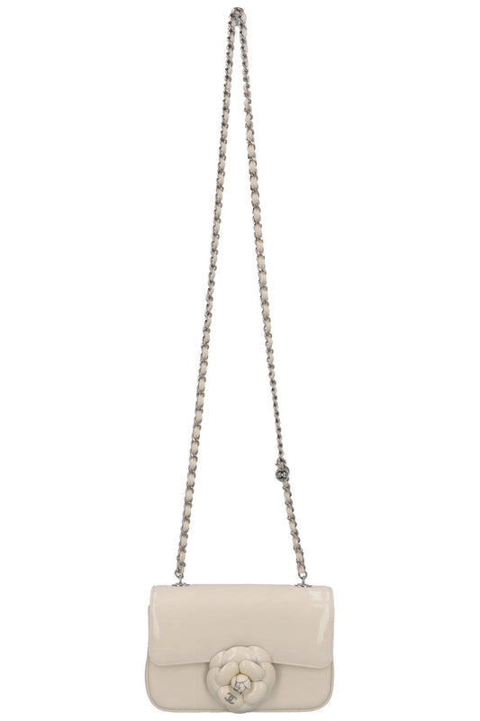 CHANEL Camellia Flap Bag Patent White