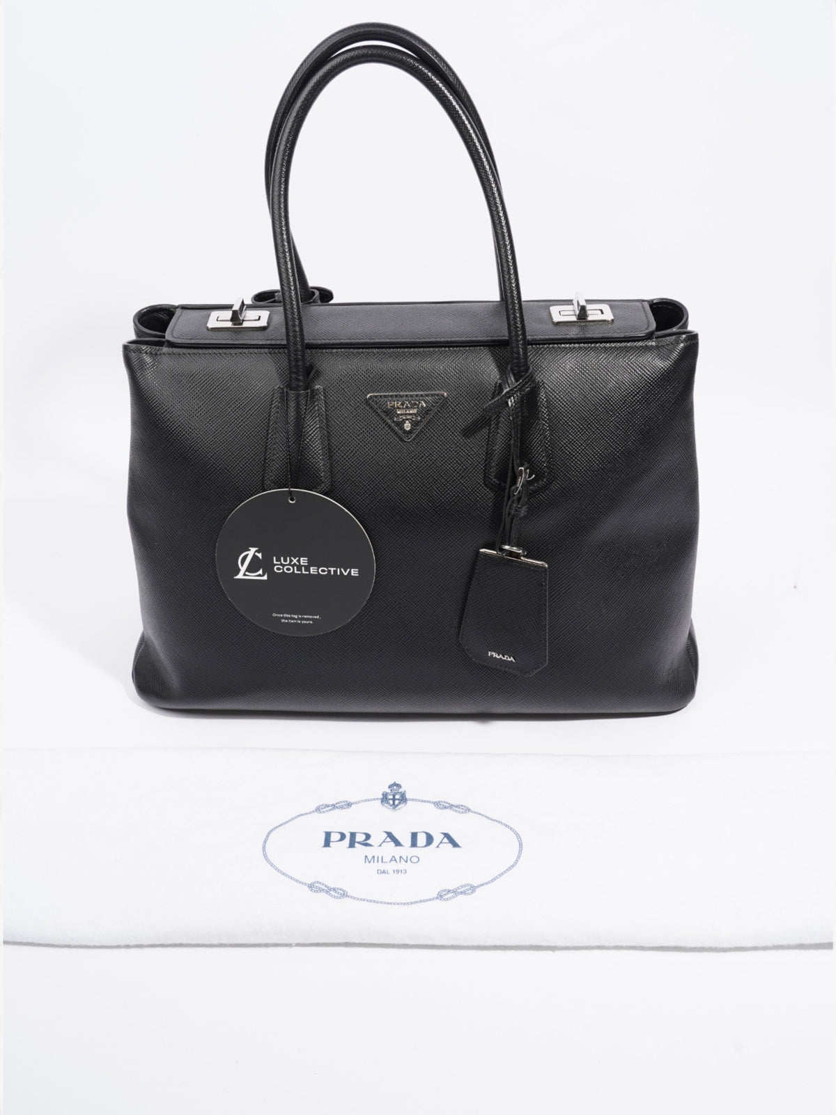 Prada Turnlock Twin Tote Black Saffiano Leather