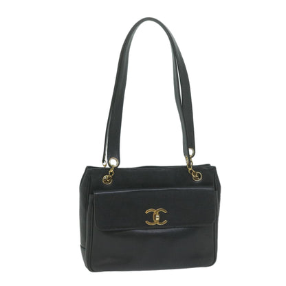 CHANEL Chain Turn Lock Shoulder Bag Caviar Skin Black CC Auth ar11351