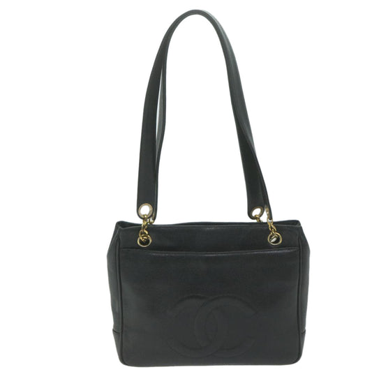 CHANEL Chain Turn Lock Shoulder Bag Caviar Skin Black CC Auth ar11351
