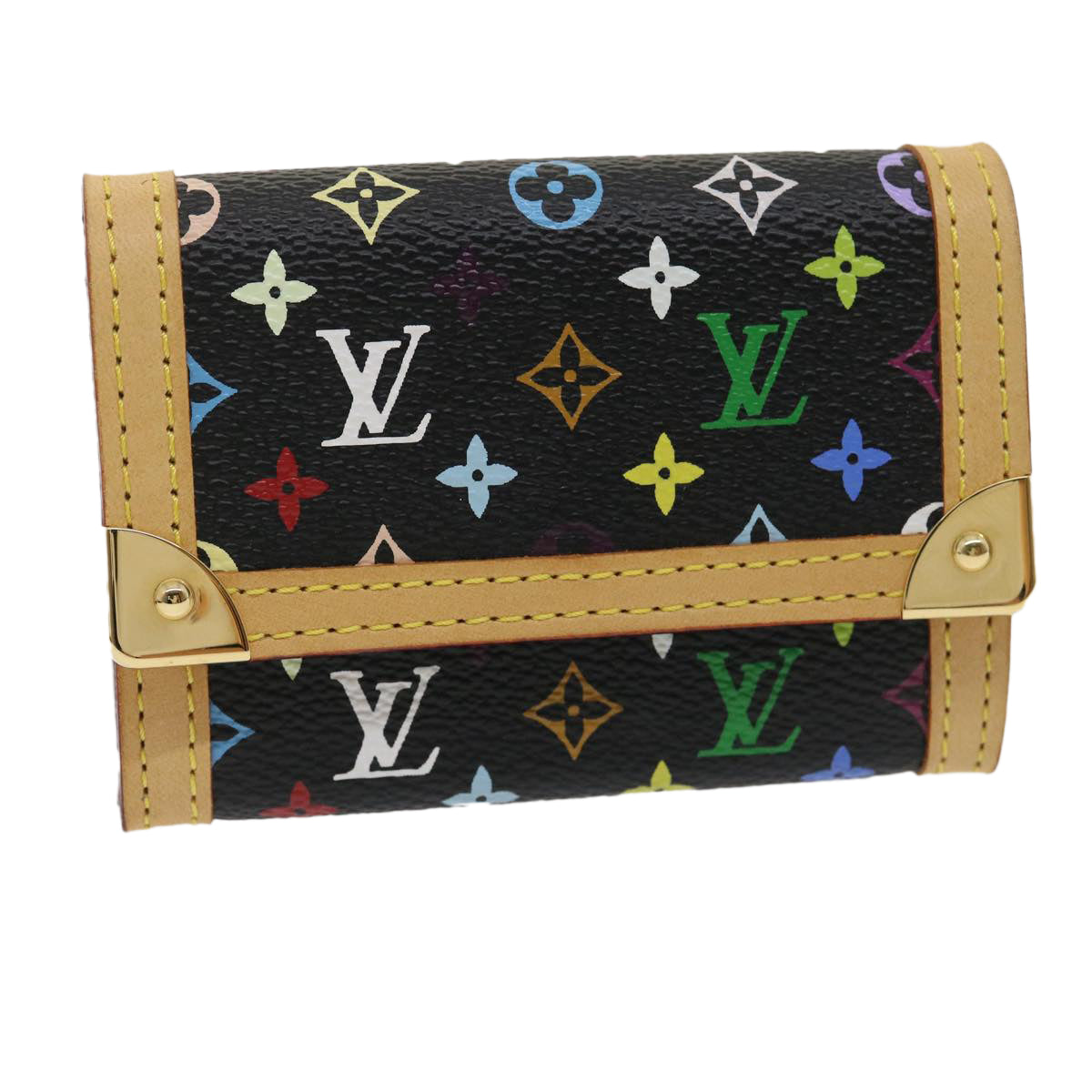 LOUIS VUITTON Multicolor Porte Monnaie Plat Coin Purse Black M92656 Auth ar6950