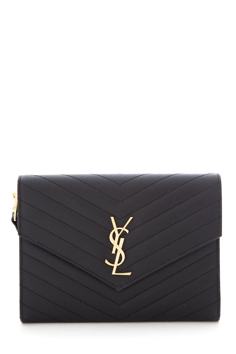 YSL Matelasse Grain De Poudre Black Leather Envelope Flap Pouch Clutch Bag