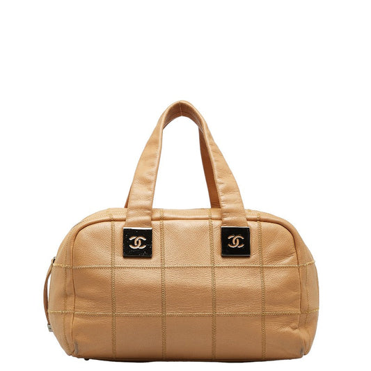 Chanel Chocolate Bar Boston Bag HandBag Beige Leather Lady Chanel