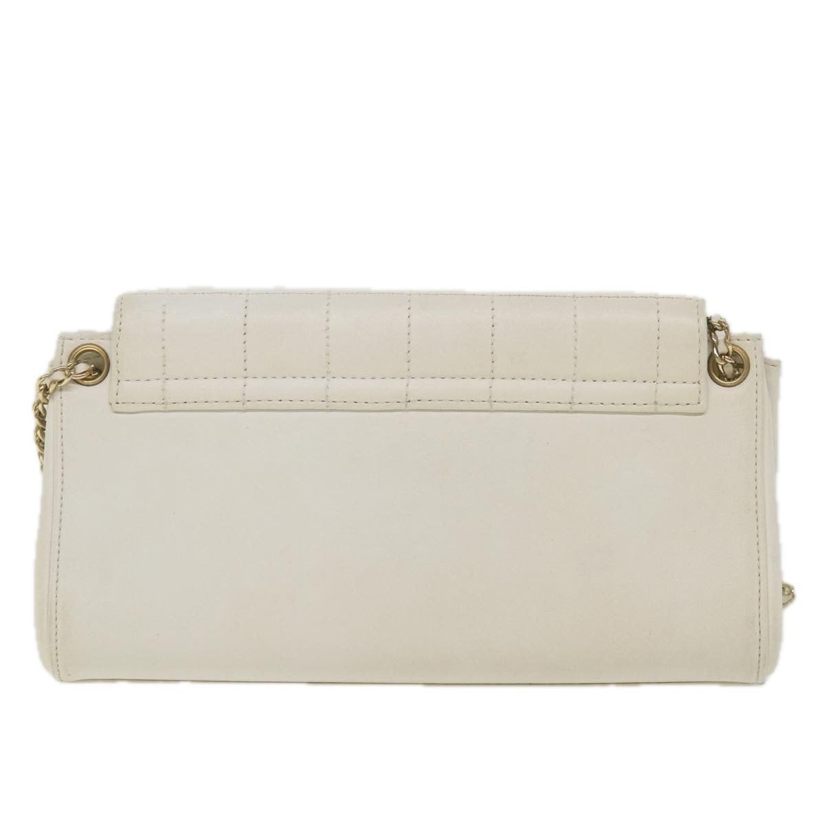 CHANEL Choco Bar line Chain Shoulder Bag Leather White CC Auth bs10047