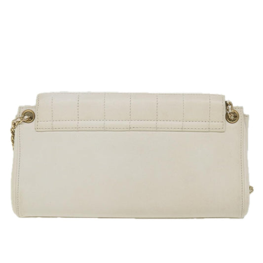 CHANEL Choco Bar line Chain Shoulder Bag Leather White CC Auth bs10047
