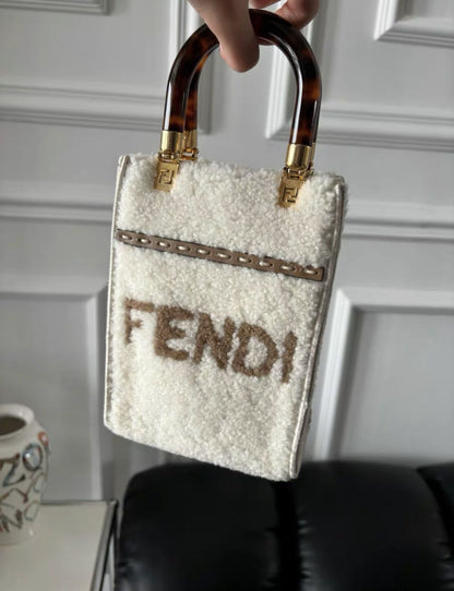 FENDI Sunshine Shopper mini leather-trimmed shearling tote