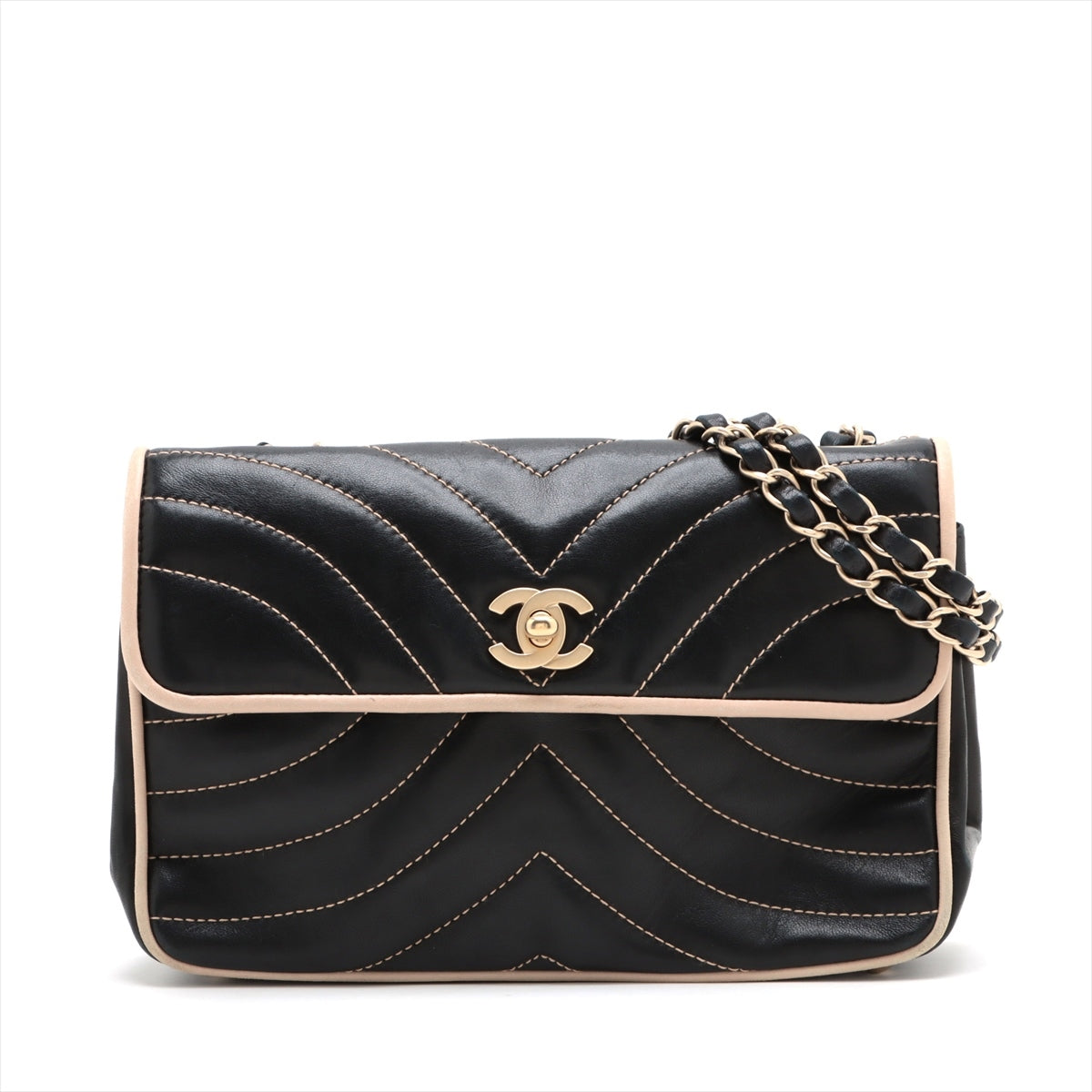 Chanel Chevron  Single Flap Double Chain Bag Black Gold  8th