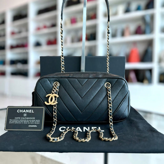 Chanel Camera Bag - Chevron Calfskin Small Black Shoulder Bag Series 21