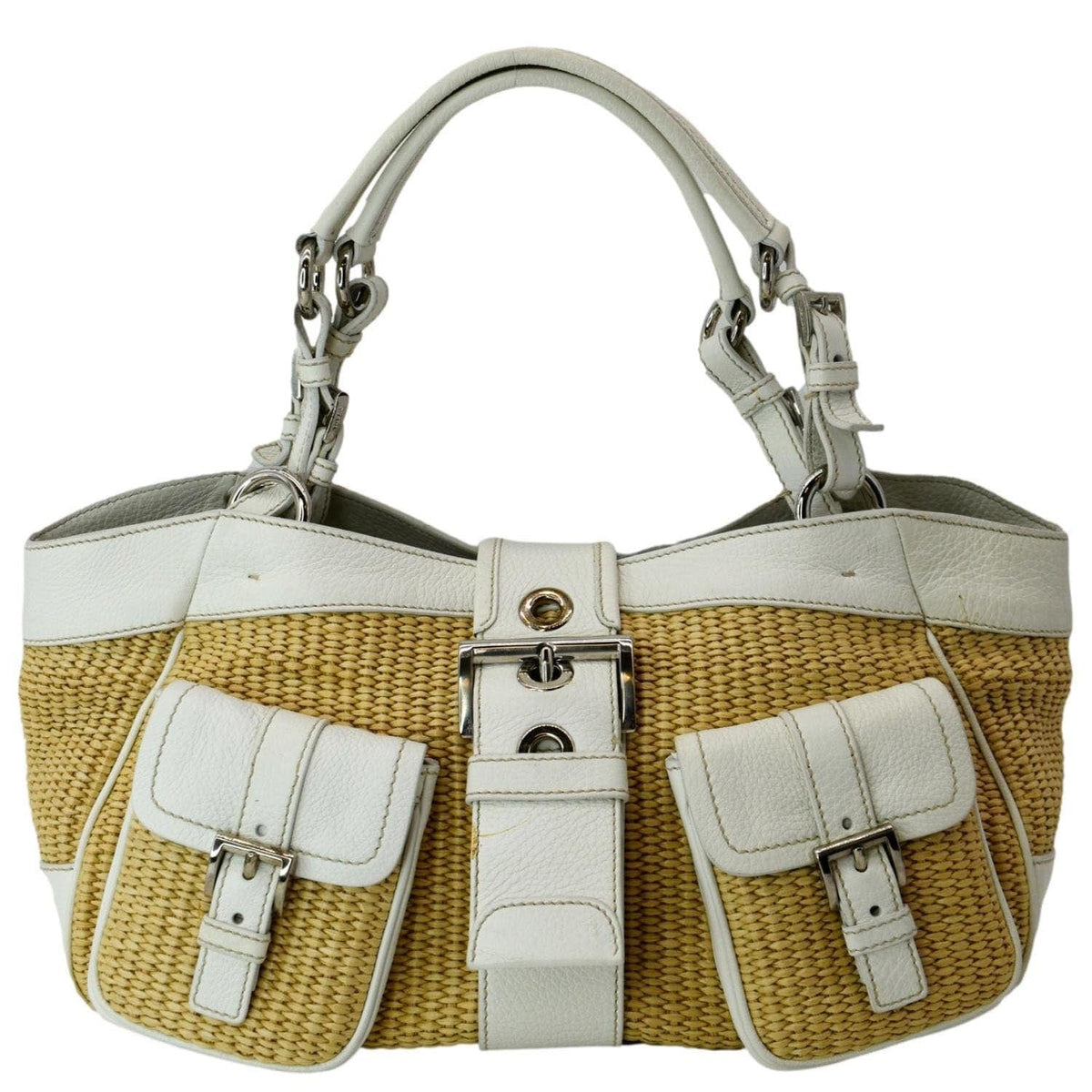 PRADA Paglia Vitello Daino Naturale Leather Satchel Bag Natural