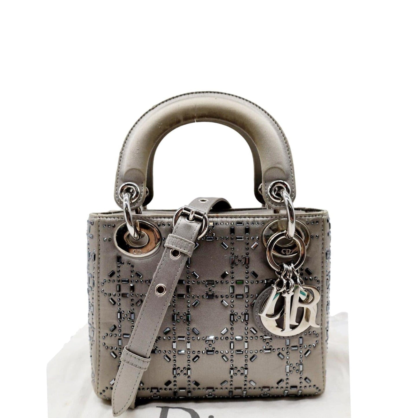 CHRISTIAN DIOR Mini Lady Dior Crystal Embellished Satin Shoulder Bag Gray