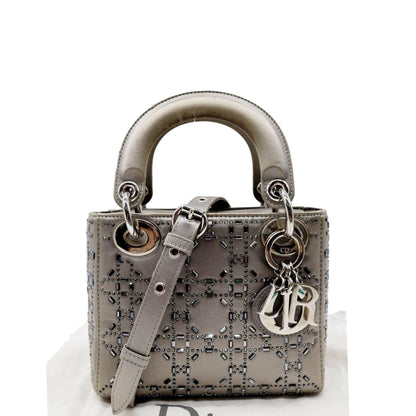 CHRISTIAN DIOR Mini Lady Dior Crystal Embellished Satin Shoulder Bag Gray