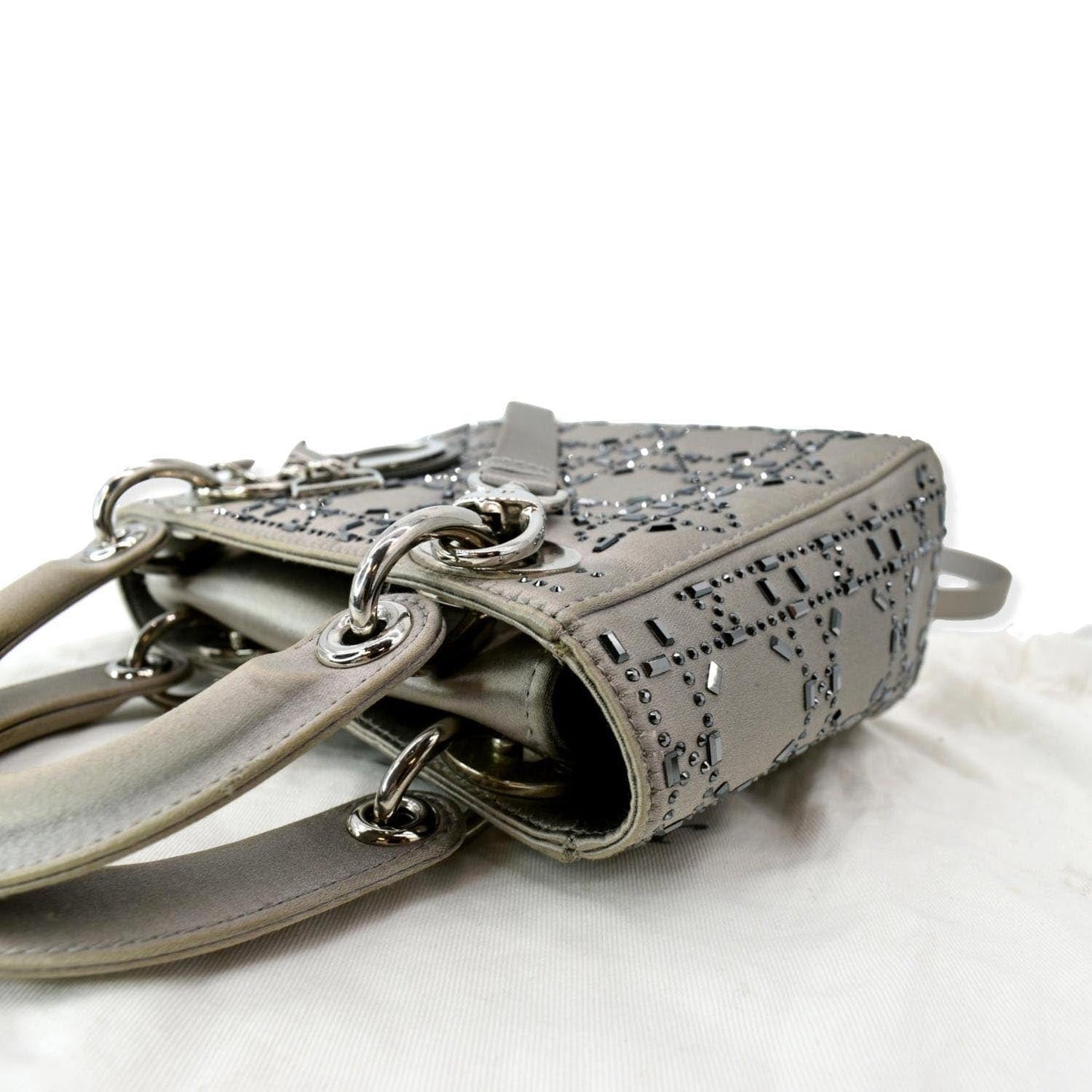 CHRISTIAN DIOR Mini Lady Dior Crystal Embellished Satin Shoulder Bag Gray