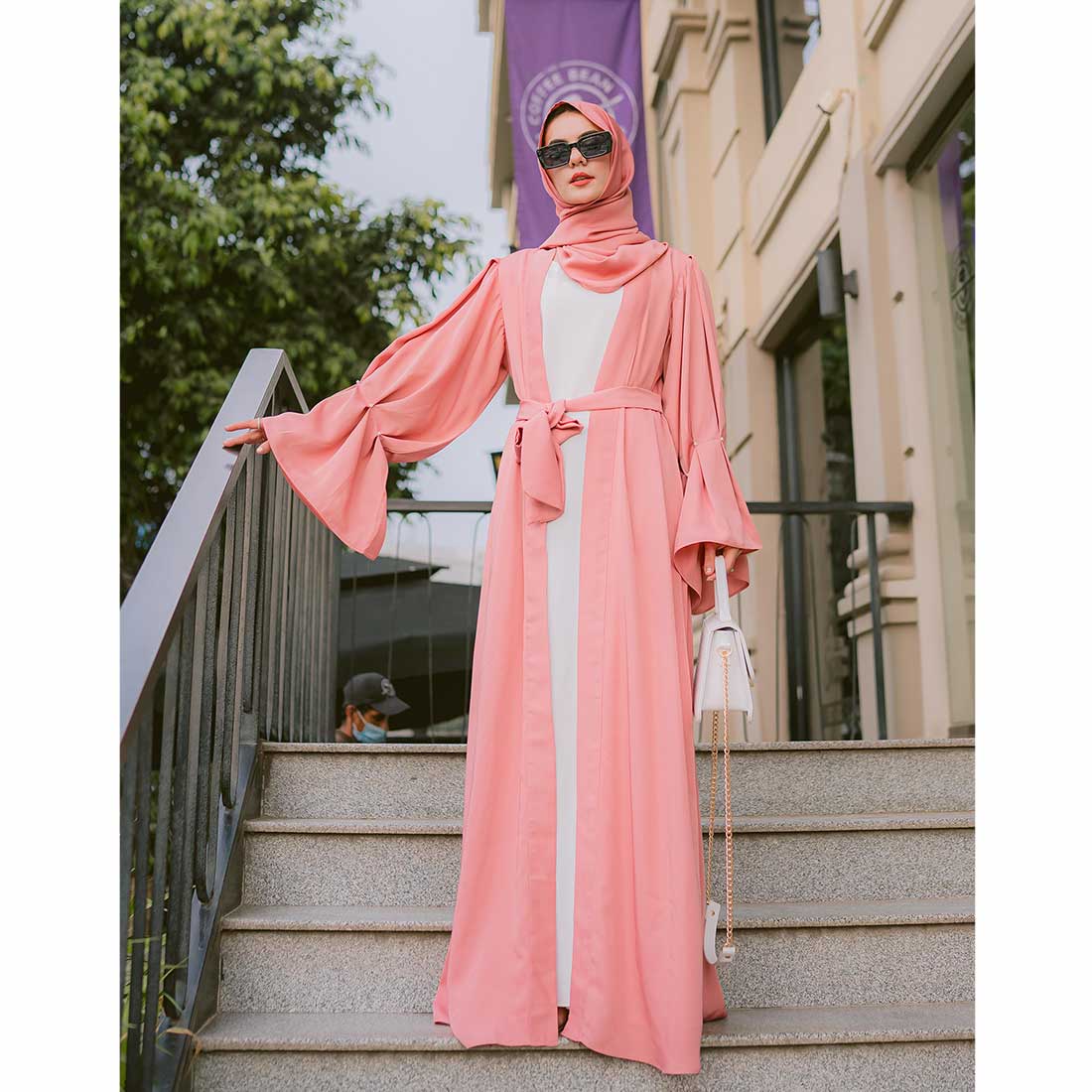 Puff Sleeves Front Open Abaya (pink)