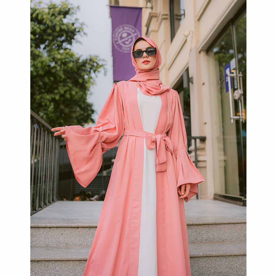 Puff Sleeves Front Open Abaya (pink)