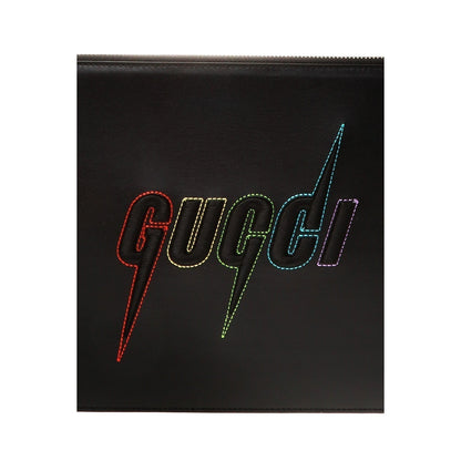 Gucci Blade Embroidered Black Leather Pouch Wristlet Bag 597678