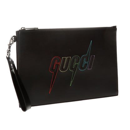 Gucci Blade Embroidered Black Leather Pouch Wristlet Bag 597678
