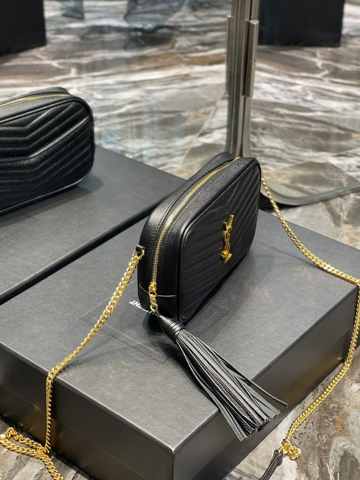 YSL Lou Mini Bag In Quilted  Grain  De Poudre Embossed Leather