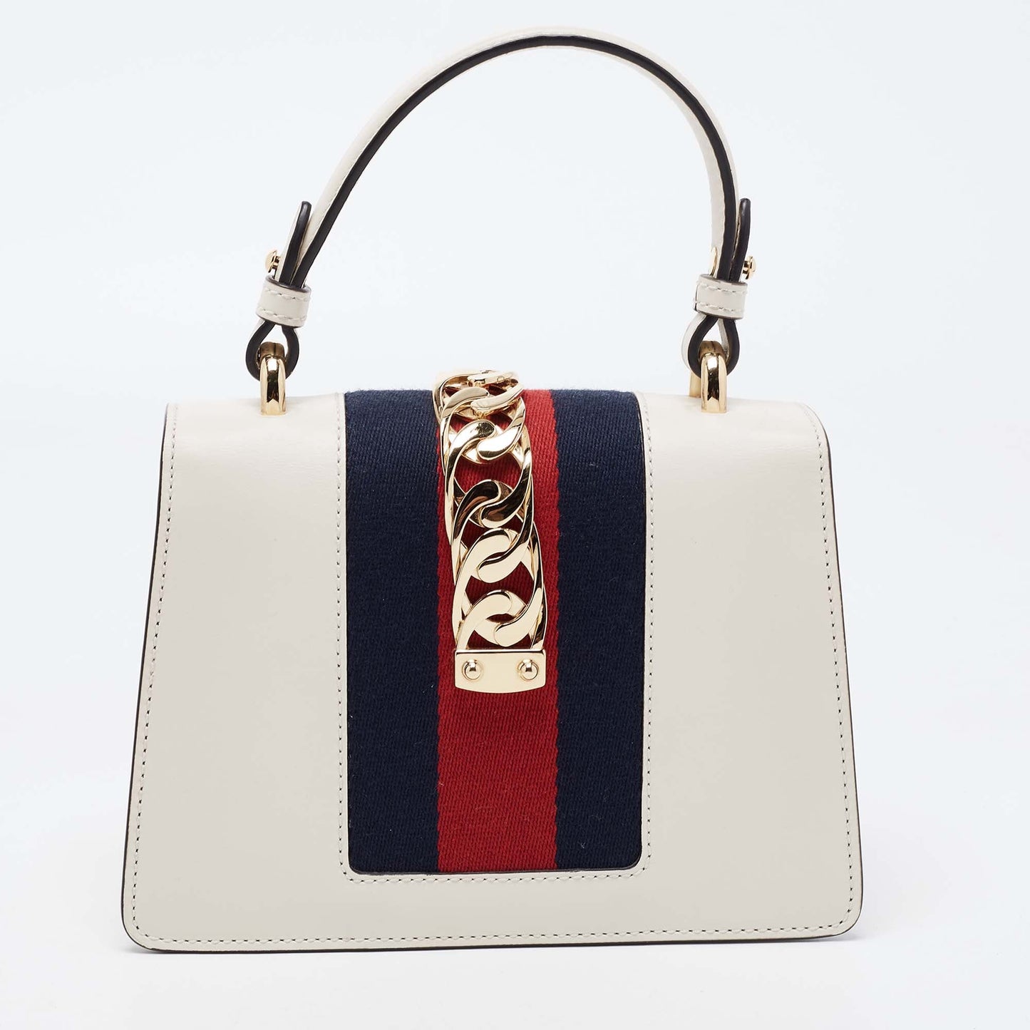 GUCCI Off White Leather Mini Web Sylvie Top Handle Bag