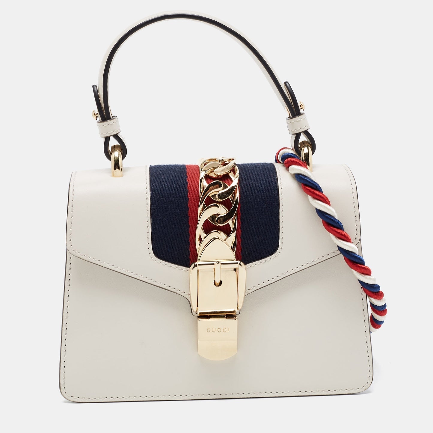 GUCCI Off White Leather Mini Web Sylvie Top Handle Bag