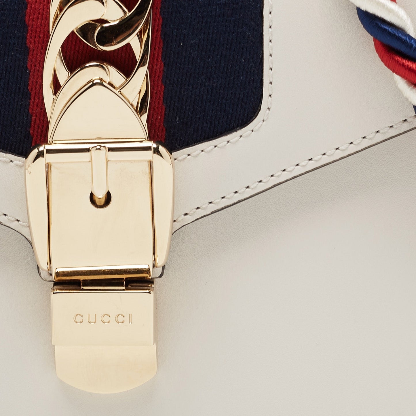 GUCCI Off White Leather Mini Web Sylvie Top Handle Bag