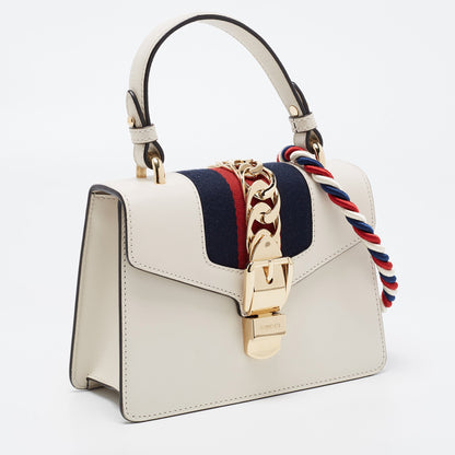 GUCCI Off White Leather Mini Web Sylvie Top Handle Bag