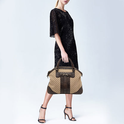 Gucci Beige/Brown Diamante Canvas And Leather Large Horsebit Catherine Satchel