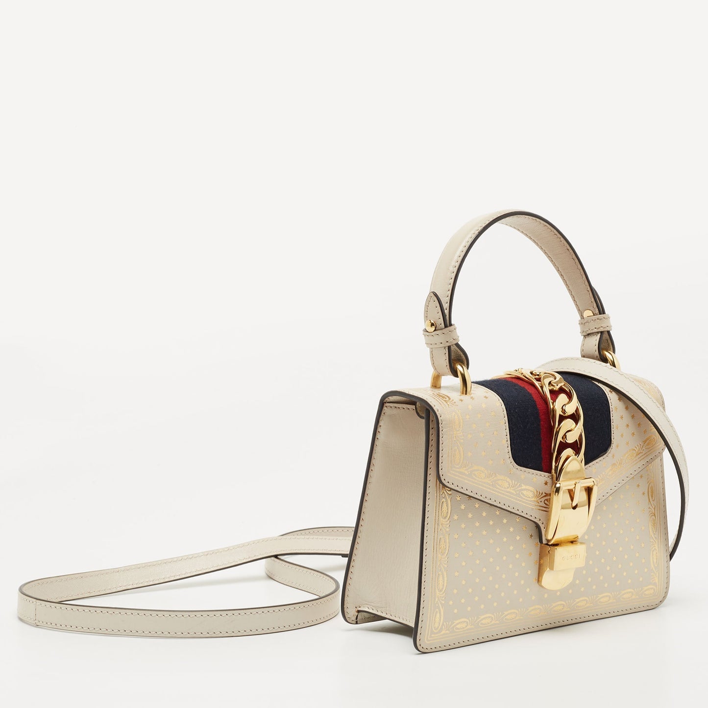 Gucci Off White Star Print Leather Mini Sylvie Top Handle Bag