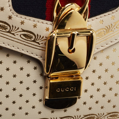 Gucci Off White Star Print Leather Mini Sylvie Top Handle Bag