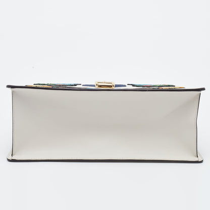 Gucci White Leather Floral Embroidered Medium Sylvie Top Handle Bag