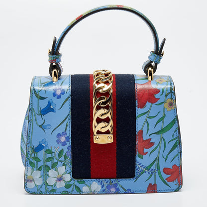 GUCCI Blue Floral Print Leather Mini Web Sylvie Top Handle Bag